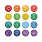 Set of 12 circular chakra pinback buttons with rainbow colors and white inner-power symbols