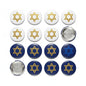 Set of 12 Star of David pinback buttons, gold emblems on white and blue circles