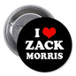 Round black pinback button with red heart and white “I love Zack Morris” text