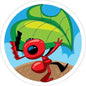 Red ant cartoon enamel pin brooch on round backing, 1.25-inch size.