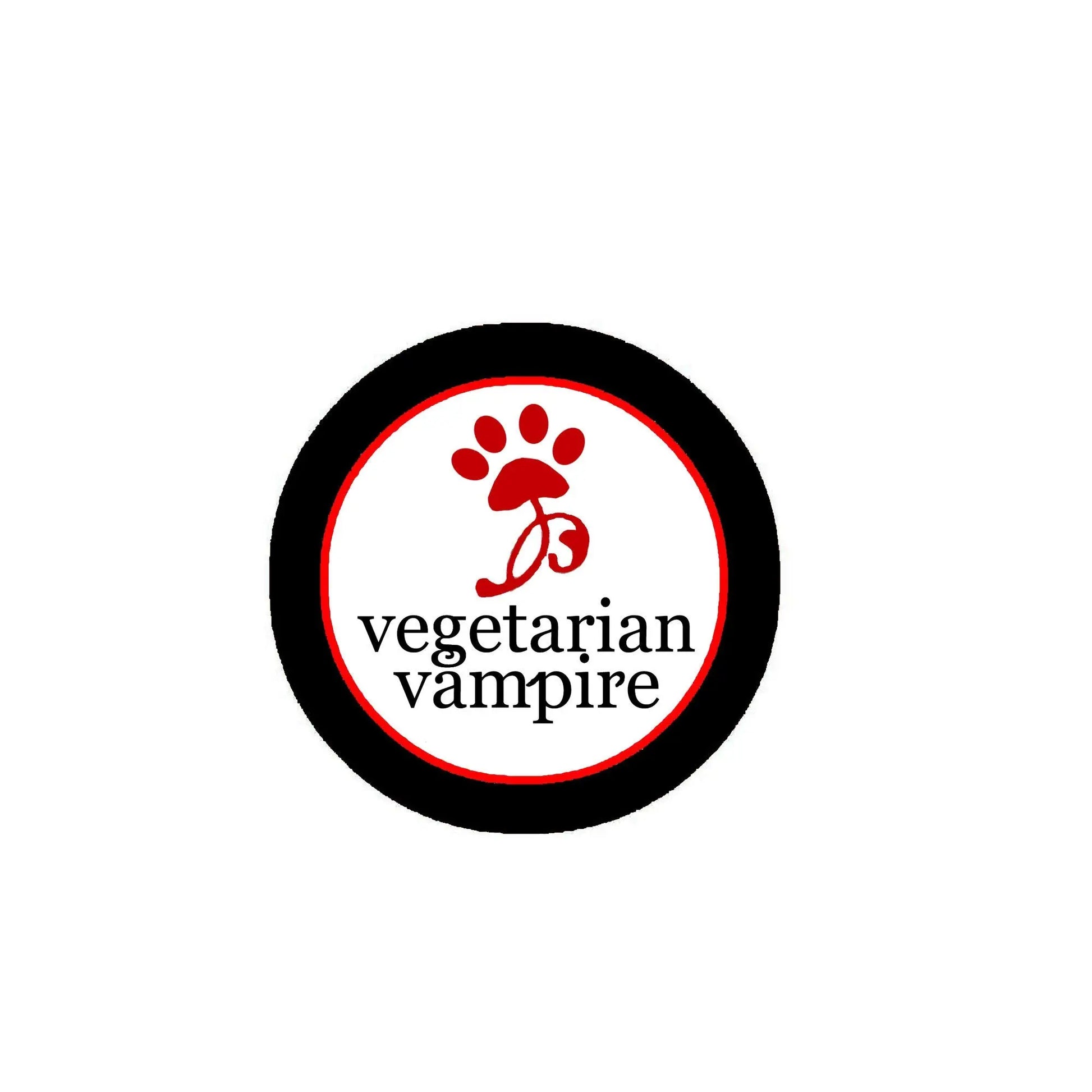 Round vegetarian vampire pinback button with red paw and black border