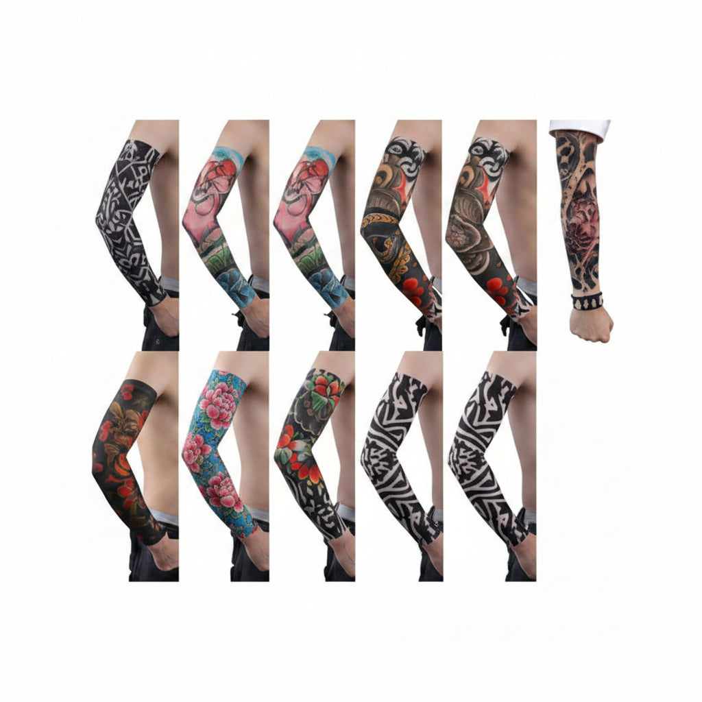 Assorted tattoo arm sleeve set, black and colorful designs on forearm sleeves