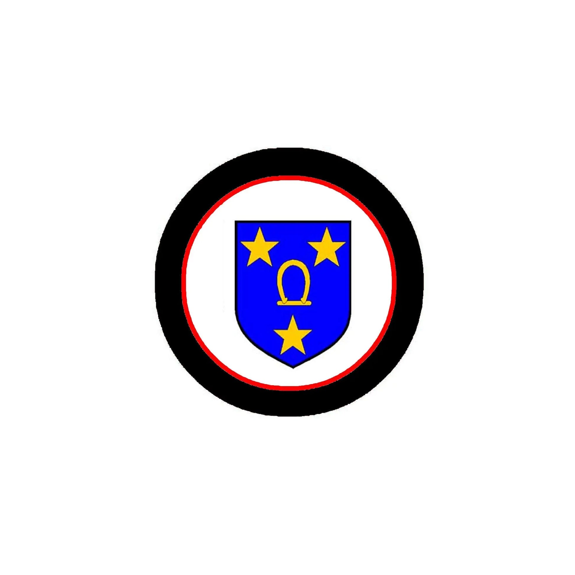 Round pinback badge with black border, red ring, blue shield, yellow stars and trophy