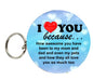 Round keychain with blue text "I love you because" and red heart graphic