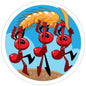 1.25-inch round sticker with red cartoon ants working together, carrying food