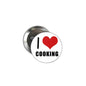 2.25-inch pinback badge, white face with red heart and black 'I ♥ cooking' text