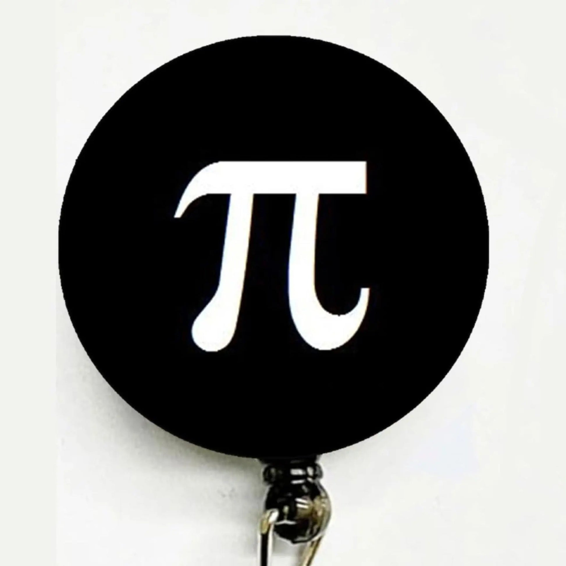 Retractable reel badge with black circle Pi symbol and metal clasp clip