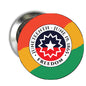 Juneteenth freedom pinback button with circular star design in red, yellow, and green