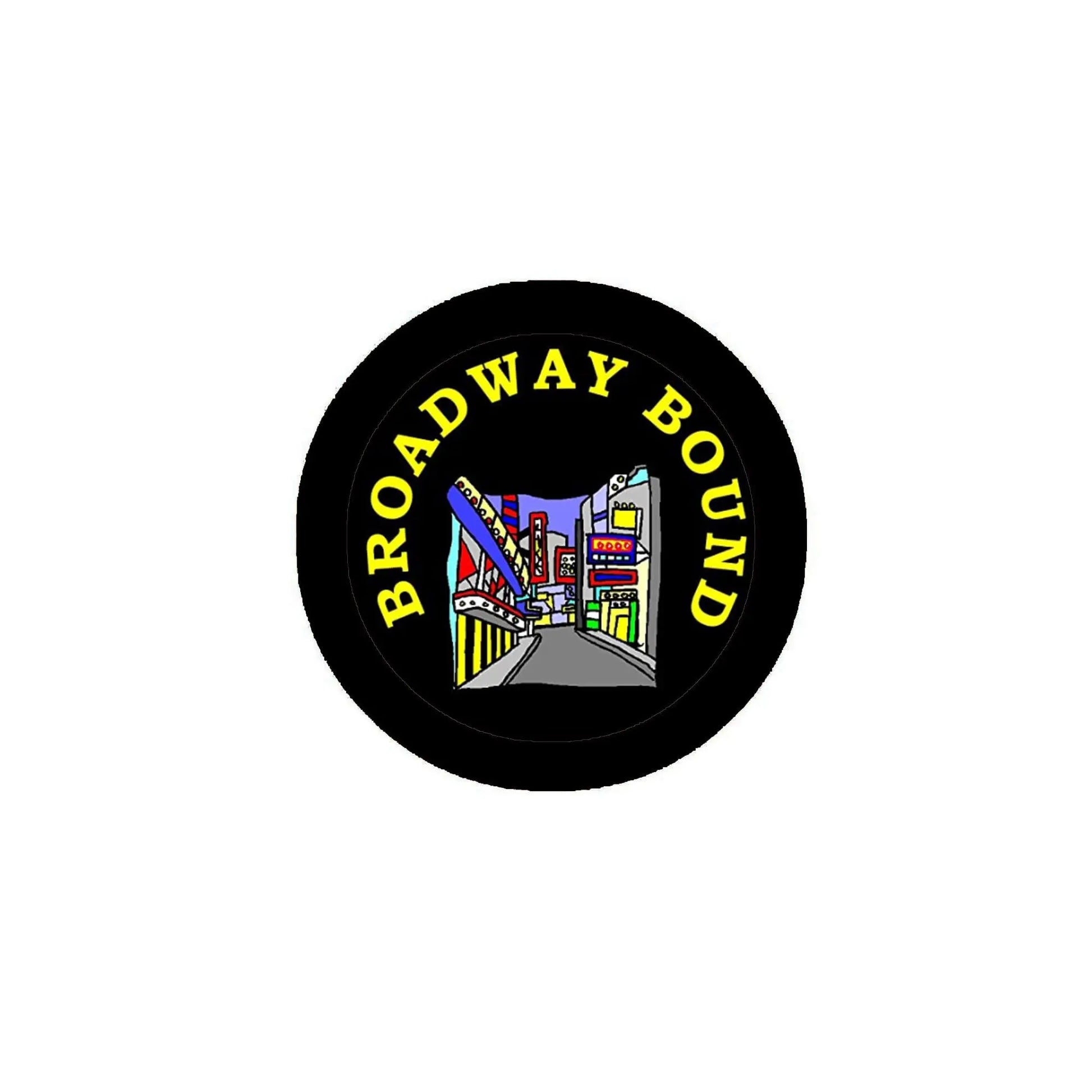 2.25-inch round pinback badge, black border with colorful Broadway skyline and text