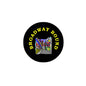 2.25-inch round pinback badge, black border with colorful Broadway skyline and text
