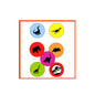 Seven dinosaur pin buttons, round circles with black silhouettes on colored backgrounds