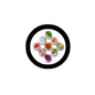 Round vegetable food pinback badge with colorful veggie slice icons inside black border