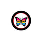 Round pinback button with multicolor butterfly design in black rim