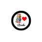 Black circular Books button badge pin with stacked books, red heart, and cursive 'Books'