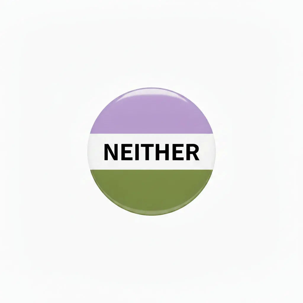 Round 2.25-inch pinback button with purple top, white 'NEITHER', and green bottom
