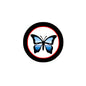 2.25-inch round pinback badge with blue butterfly design and red/black border