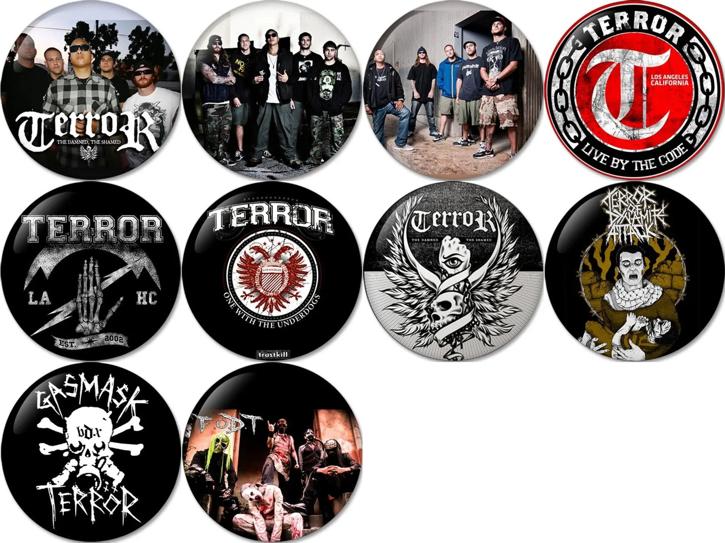 Set of 10 horror pinback buttons, circular black-and-white band art, 1.25 in
