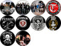 Set of 10 horror pinback buttons, circular black-and-white band art, 1.25 in