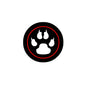 Round paw print pinback badge, black with red ring and white paw emblem