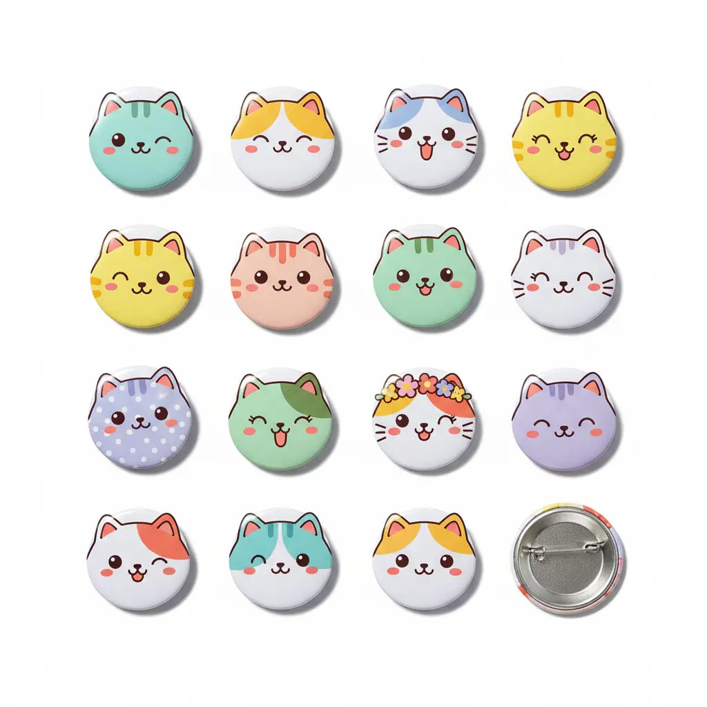Set of 16 round kitty cat face pinback buttons, includes metal clasp back.