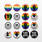 Set of circular pinback buttons with Pride stripes and Black Lives Matter text