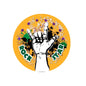 3-inch round pinback button badge with orange background, white hand, colorful star burst