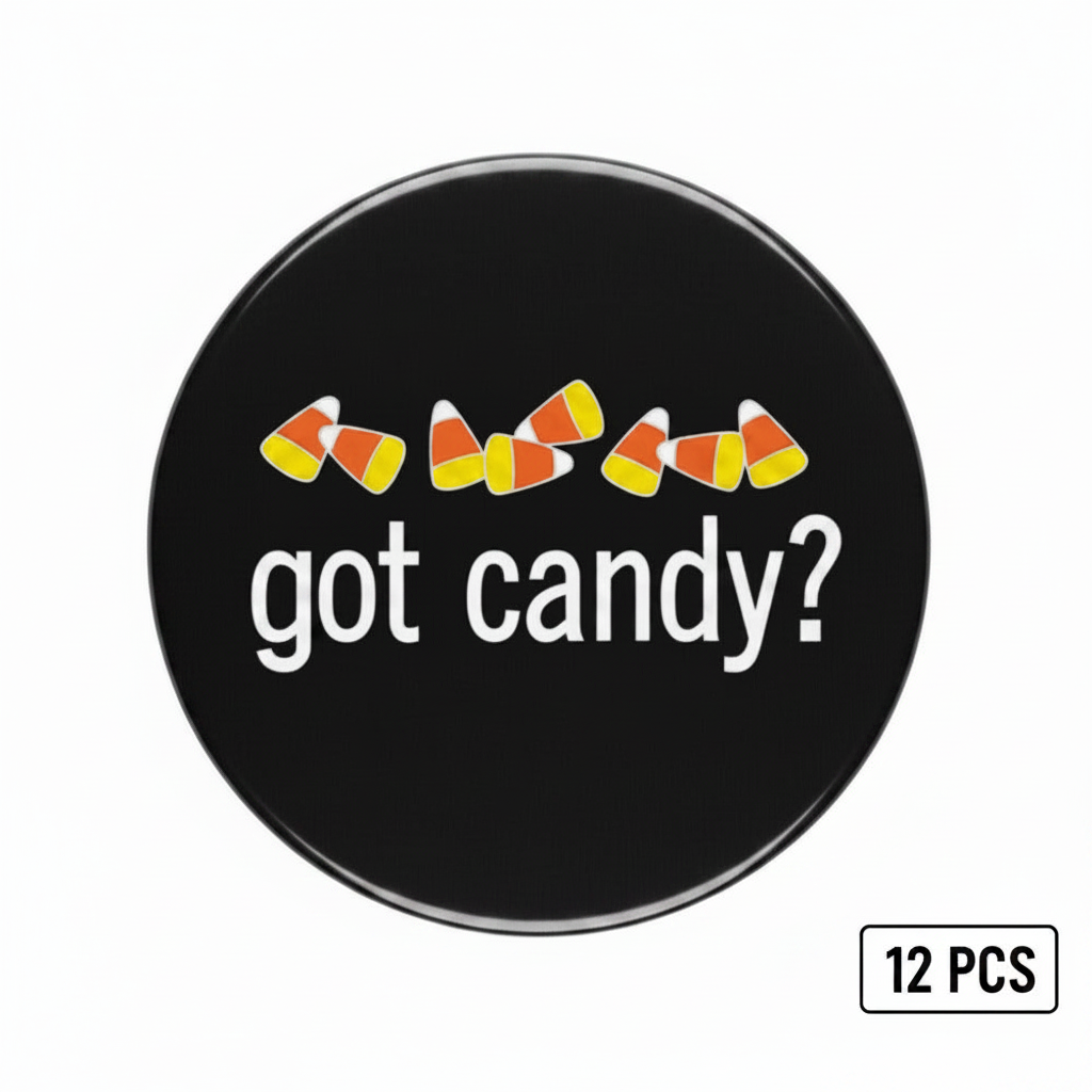 Black round got candy? badge pin with candy corn icon, 12 pcs set.