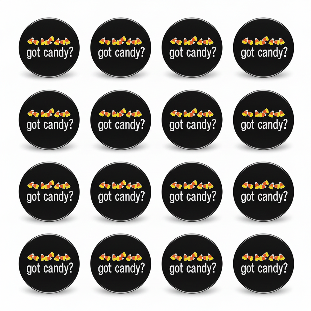 A grid of 16 circular black stickers or buttons, each printed with the phrase 'got candy?' in white lowercase letters beneath small orange and yellow candy graphics, shown on a light gray background.