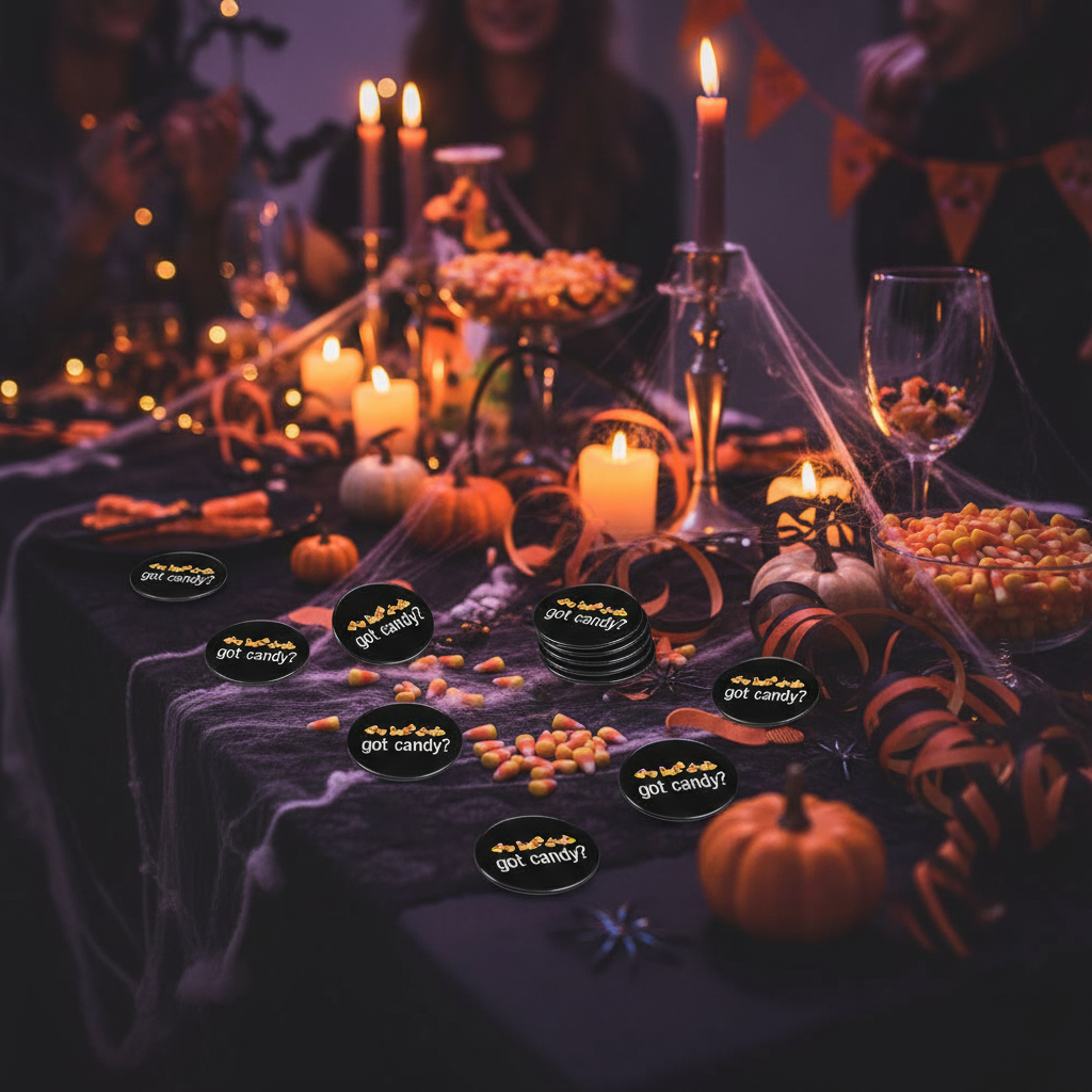 Set of small black round got candy? badge pins on a tabletop, candy-corn icons.