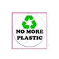 No More Plastic round pinback badge, green recycle icon and black text on white