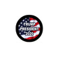 Trump pinback button with waving American flag and TRUMP PRESIDENT 2020 text, round