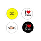 Set of four circular Jesus pinback buttons: yellow “JESUS AT WORK” and “I ♥ Jesus” designs
