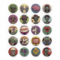 18-pack zombie pinback buttons, round badges with skull, brain, and undead character designs