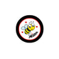 Round pinback button, black rim, white center with bee and red hearts, “Be Mine”.