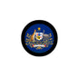 Round Australia crest pinback badge with blue center, gold coat of arms and AUSTRALIA text