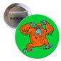 Round orangutan Halloween pinback button with cartoon orange gorilla on green