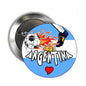 Round pinback button with Argentina graphic, soccer ball and flame, blue border