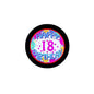 Round 18th birthday pinback button with black border and colorful “Happy 18 Birthday” text