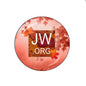 Round pinback button with JW.ORG text and red autumn leaves design