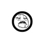 Round black-and-white pinback button with line-art angry face graphic
