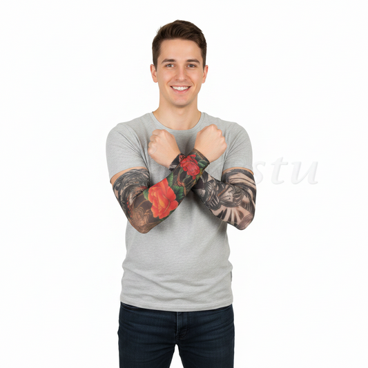 Temporary tattoo arm sleeves with dark rose and floral designs on both arms