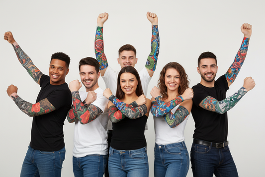 Temporary tattoo arm sleeves with colorful tribal floral patterns on lifted arms