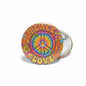 1960s peace pinback button with rainbow peace-and-love design, silver back