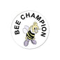 Round bee champion pinback button with cartoon bee and "BEE CHAMPION" text