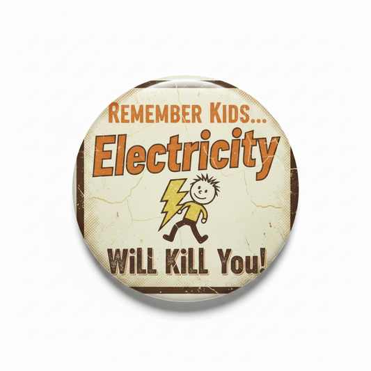 A round pinback button badge featuring a vintage-style design with the text 'REMEMBER KIDS.