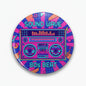 Colorful stereo pinback button with boombox sound-wave graphic, 80s theme