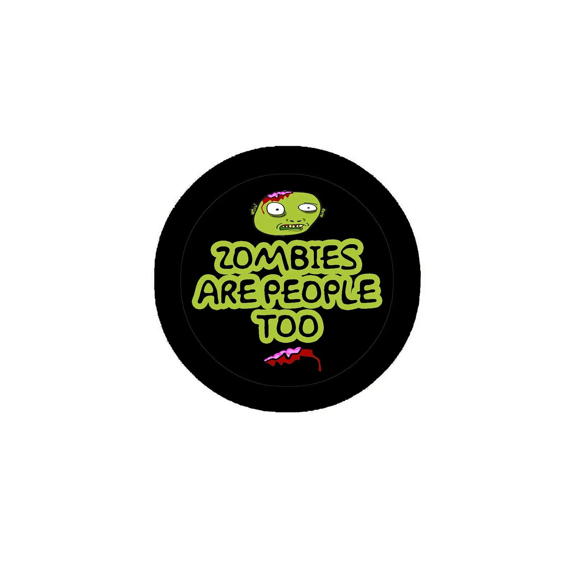2.25-inch black pinback button with cartoon zombie and 'Zombies are People too' text
