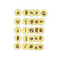 Set of round yellow pinback buttons with traditional sailor, skull, and dice artwork