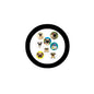 Round pug-themed pinback button with black rim and collage of eight pug faces