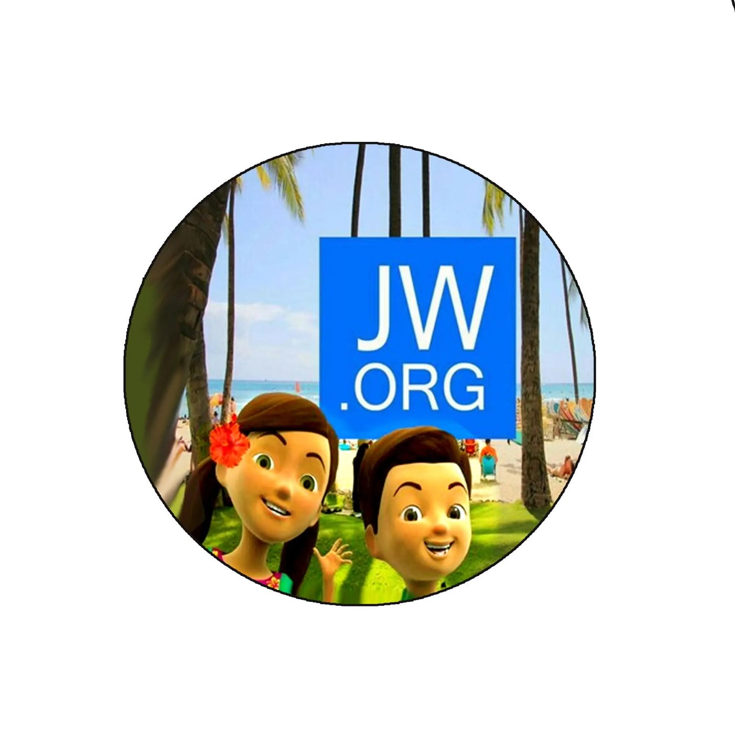 Silver safety-clasp pin with blue JW.ORG logo and smiling cartoon figures